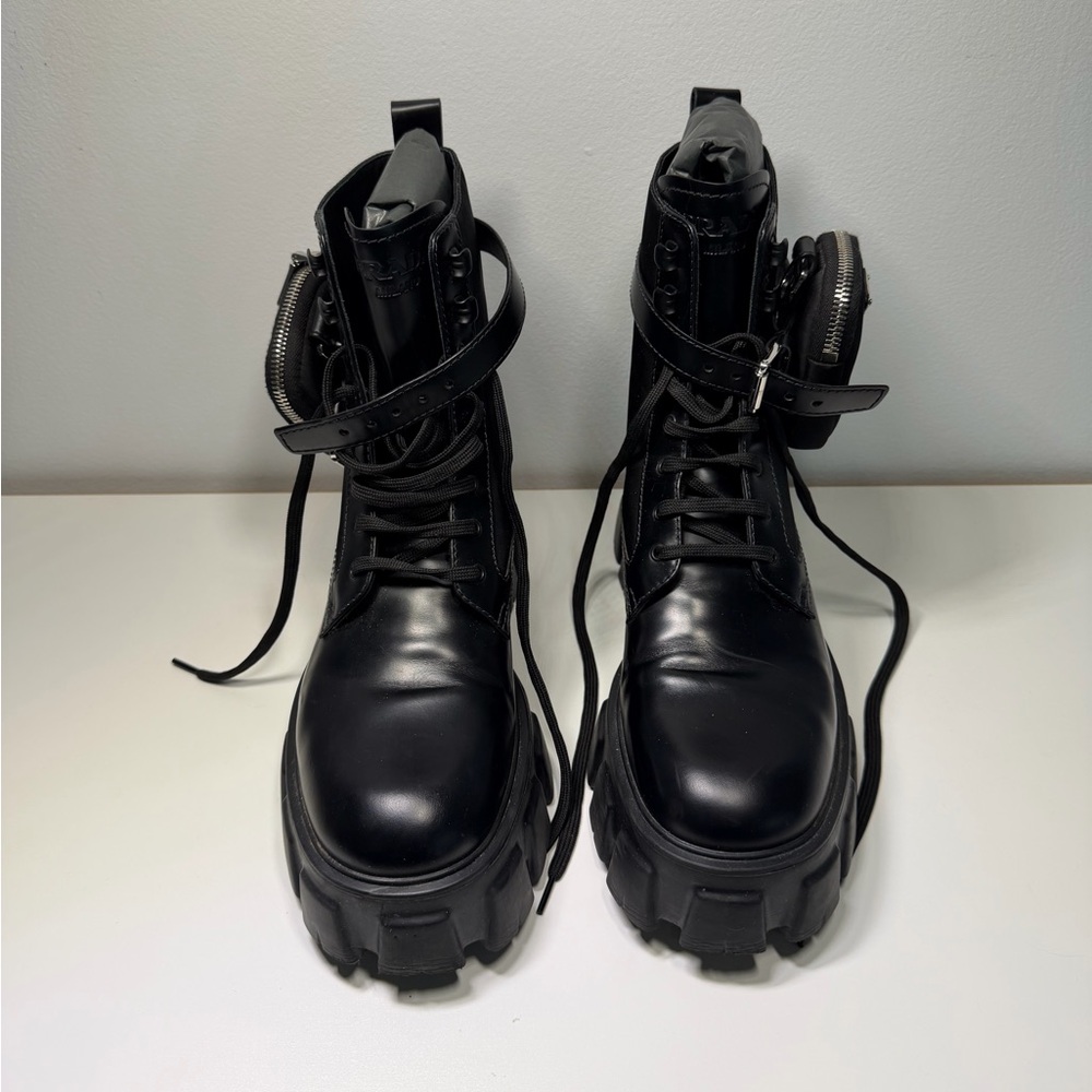 Prada Monolith Combat Boots Black Re-Nylon Leather Pouches EU 40.5 - Picture 3 of 10